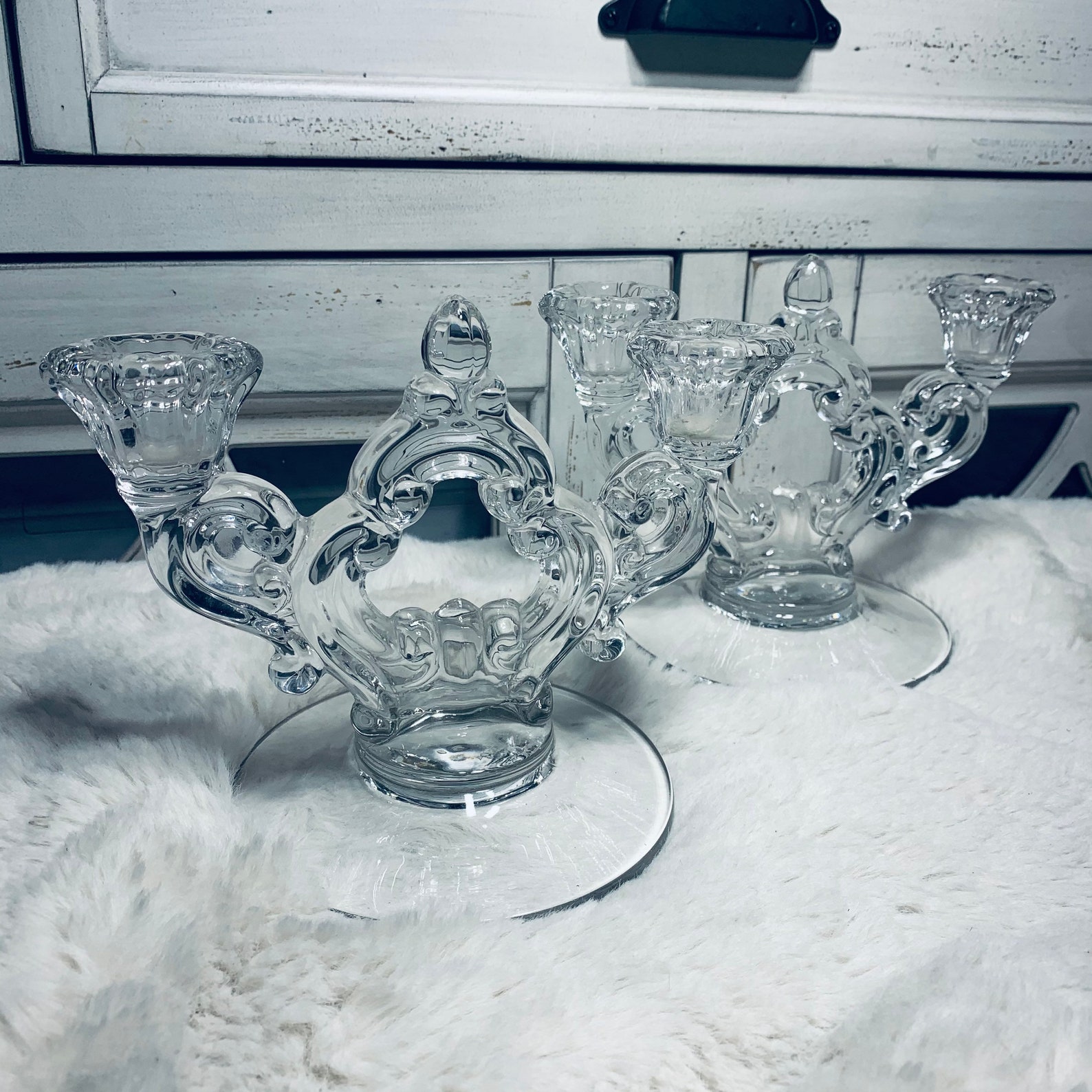 Pair Of Clear Glass Candelabras Shabby Chic Farmhouse Etsy