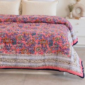 Candy Pink Hand Block Printed Cotton Quilt, Twin Queen King Handmade Quilt Comforter, Indian Floral Print Reversible Bedspread Bed Cover