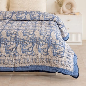 Cornflower Blue Bird Print Cotton Quilt, Soft All Season Bedspread Bed Cover, Boho King Comforter, Hand Block Printed Over Size Quilt