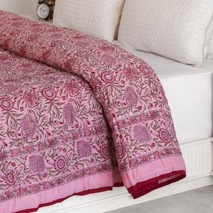 Edredón de algodón rosa, colcha india con estampado floral, edredón tamaño queen, manta suave de verano, edredón para todas las estaciones.