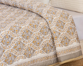 Dove Grey, Mustard Yellow Handmade Cotton Quilt, Block Printed Jaipuri Razai, Twin Queen King Comforter Set, Reversible Floral Bedding