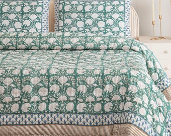 Handmade Floral Block Print Cotton Quilt: Boho Kantha Throw Blanket