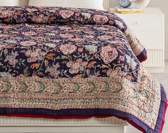 Matte Purple Printed Cotton Quilt, Reversible Block Printed Razai, Soft Printed Quilt, Handmade Bedspread, Comforter Twin Queen King Quilt