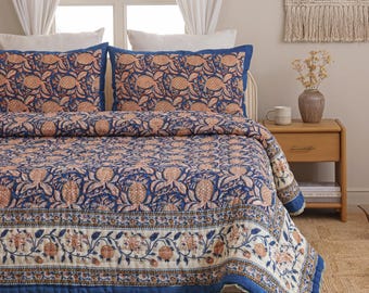 Sapphire Garden Reversible Cotton Quilt, Blue Floral Block Print Bedspread, Twin Queen King Oversize, Handmade Boho Comforter