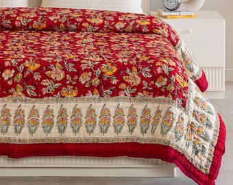 Christmas Red Quilt, Cotton Printed Quilt, Jaipuri Razai Bedspread, King Comforter Bedding Set, Block Printed Reversible Quilt
