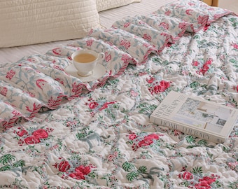 Hand Block Print Floral Quilt Set, Red Rose Cotton Bedding, Reversible Indian Artisan Quilt, Cottage core Décor, Botanical Bedding Quilt