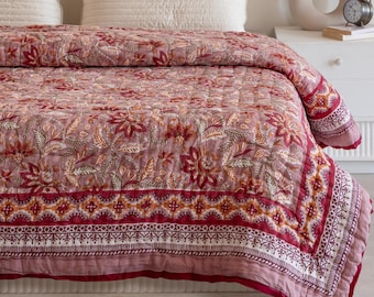 Reversible Hand Block Printed Cotton Quilt, Soft All Season Quilt, Indian Handmade Bedspread Bed Cover, Comforter Twin Queen King Size Quilt