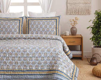 Soft Grey Floral Quilt, Hand Block Print Lightweight  Cotton Quilt, Blue Grey Bedding, Reversible Bedspread, Cottage Farmhouse Bedroom Decor
