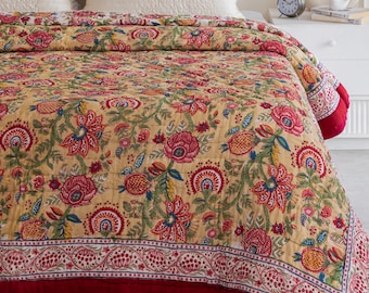 Sandy Beige, Red and Green Block Printed Quilt, Soft All Season Bedspread Bed Cover, Over Size Quilt Comforter, Boho Reversible Cotton Quilt