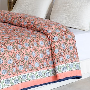 Coral Pink Handmade Cotton Quilt Block Printed Jaipuri Razai, Twin Queen King Comforter Set, Reversible Floral Quilt With Pillowcase