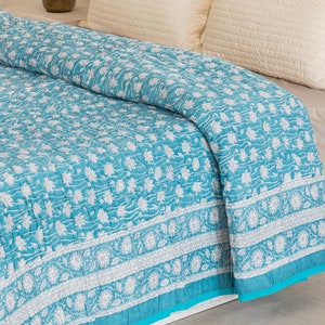 Pacific Blue Handmade Quilt, Indian Jaipuri Block Print Quilt, Printed Reversible Razai, King Bedspread Comforter, Boho Queen Bedding