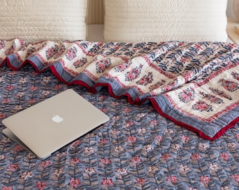 Slate Blue Reversible Cotton Quilt, Soft All Season Bedspread Bed Cover, Over Size Quilt Comforter, Hand Block Printed Throw Quilt