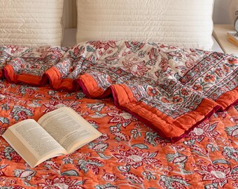 Neon Orange Handmade Cotton Quilt, Block Printed Jaipuri Razai, Twin Queen King Comforter Set, Reversible Floral Quilt Bedding