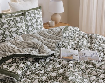 Earthy Green Floral Quilt, Hand Block Print Cotton Quilt, Reversible Jaipuri Razai, King Bedding, Farmhouse Bedspread, Handmade Indian Quilt