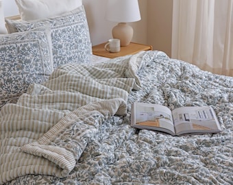 Grey and Taupe Floral Block Printed Quilt, Cotton Reversible Bedspread, Boho Handmade Bedding Set, Twin Full Queen King, Matching Shams