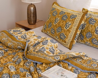 Mustard Yellow Hydrangea Floral Block Print Quilt Handmade Indian Cotton Comforter Queen King Bedspread Boho Bedding Decor Reversible Gifts