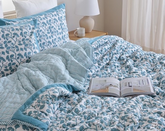 Teal Blue Ginkgo Leaf Quilt Bedding Set – Turquoise Floral Comforter, Soft Cotton Bedspread, Block Print Bedroom Decor, King Queen Twin Size