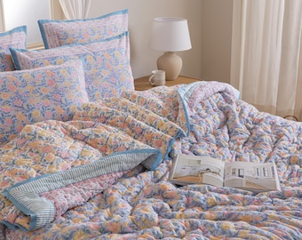 Vintage hemelsblauwe bloemenquiltset, katoenen beddengoedset, sprei met blokprint, handgemaakt Indiaas dekbed, omkeerbare deken, boho woondecoratie