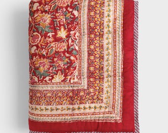 Red Hand Block Print Cotton Quilt, Floral Indian Bedspread, Reversible Kantha Quilt, Boho Vintage Bedding, Queen King Quilt