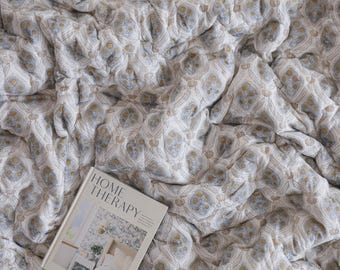 Soft Grey Floral Quilt, Hand Block Print Lightweight  Cotton Quilt, Blue Grey Bedding, Reversible Bedspread, Cottage Farmhouse Bedroom Decor