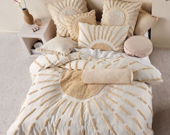 5 piezas Sun Tufted Duvet Cover Set Twin Queen King Edredón Cover con Funda de almohada con mechón Funda de edredón Beige Boho Bedding Funda de cama con mechones