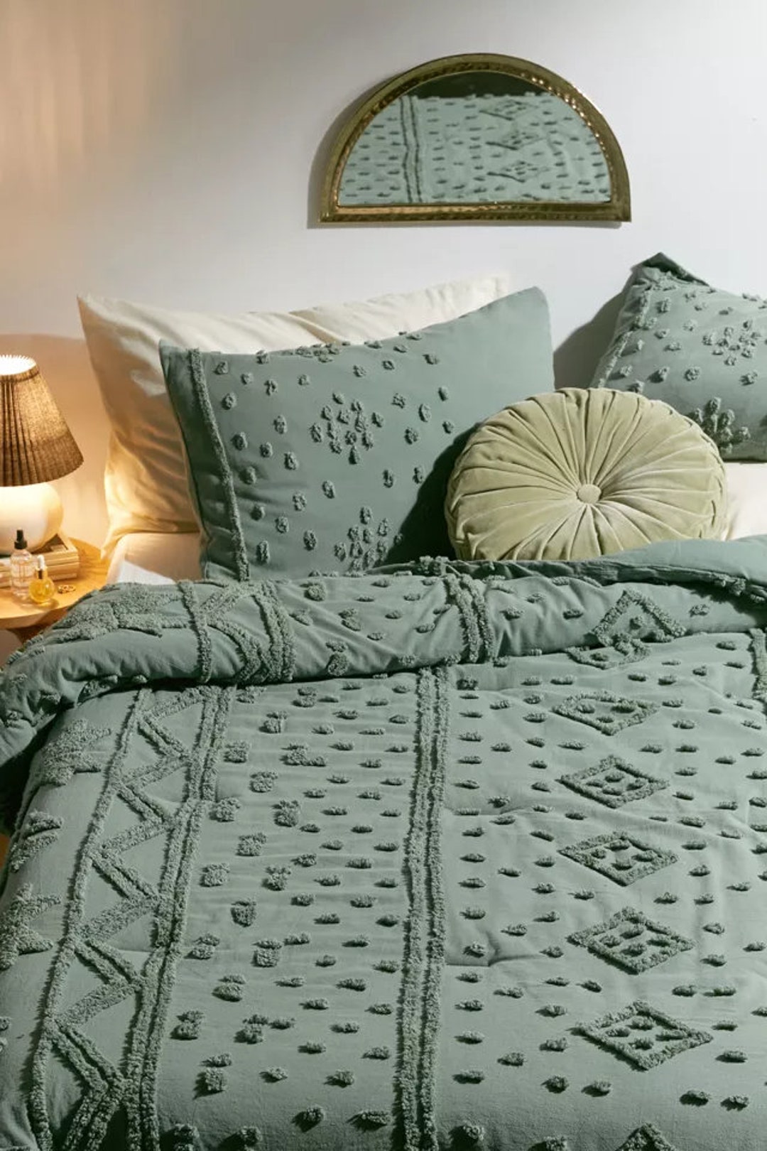 Olive Green Tufted Comforter Cover Set, 100 Cotton Bedding, Boho