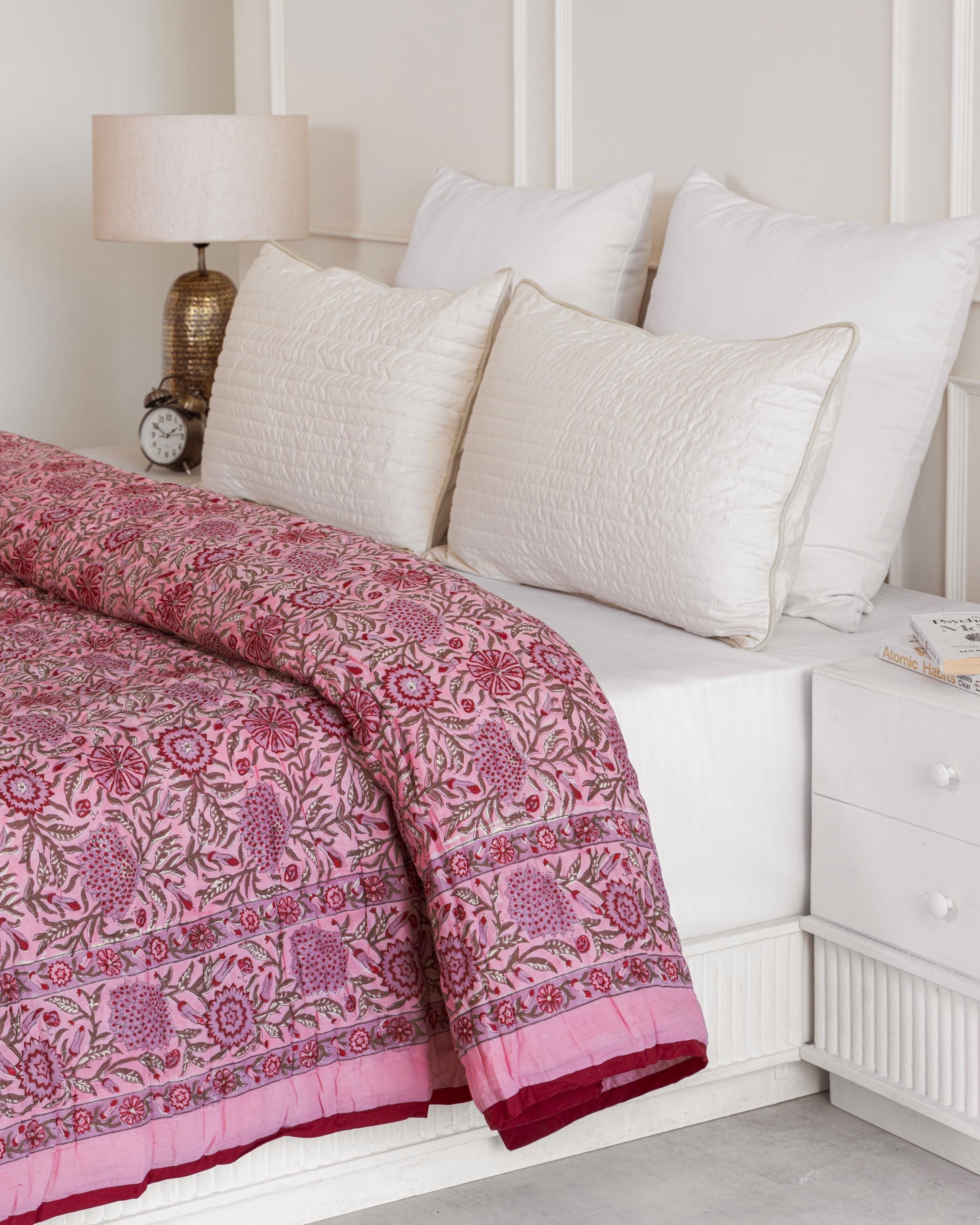 Rose Pink Cotton Quilt, Indian Hand Block Printed Quilt Bedspread, Floral Printed Queen Comforter, Soft Summer Blanket, All Season Quilt