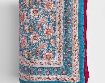 Ice Blue Floral Print Cotton Quilt, Soft All Season Bedspread Bed Cover, Boho King Comforter, Hand Block Printed Over Size Quilt