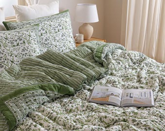 Greenwood Garden – Green Hand Block Print Cotton Quilt, Reversible Floral Bedspread, Reversible Lightweight Cotton Oversize Comforter