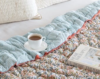 Hand Block Printed Cotton Quilt, Reversible Floral Quilt, Soft Lightweight Bedspread, farmhouse Bedding, Summer Quilt Throw, Handmade Gift