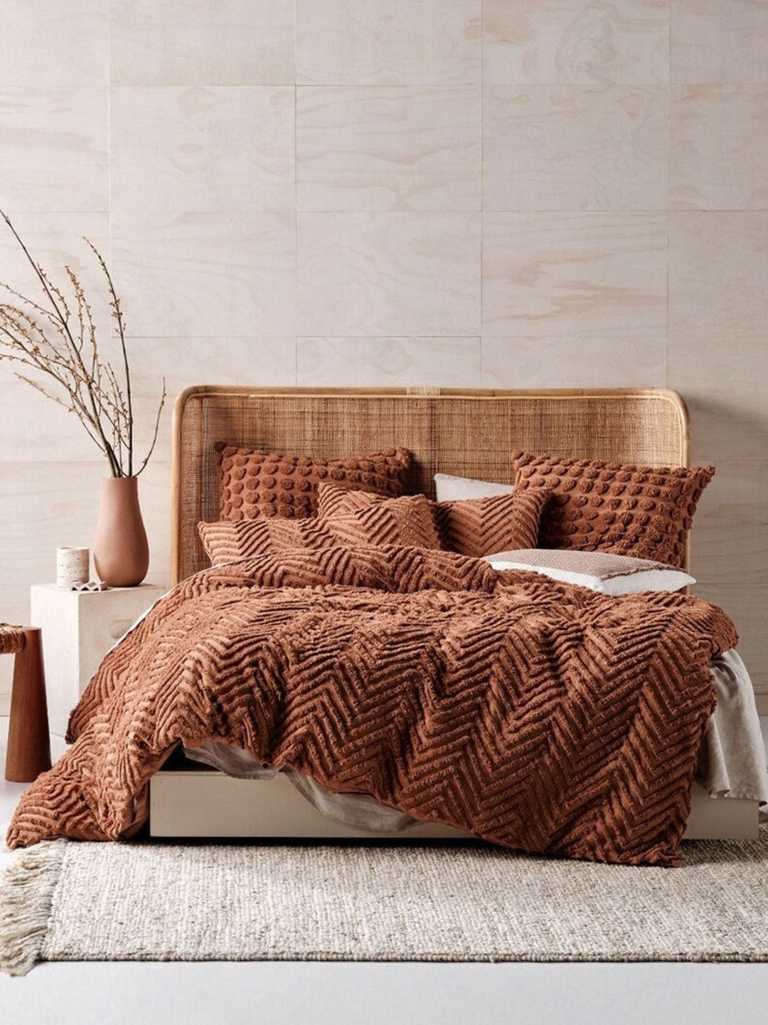 3 Pcs Cinnamon Tufted Duvet Cover Bed Set, Boho Bedding Queen Quilt