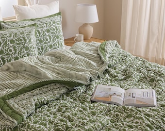 Moss Green Hand Block Print Cotton Quilt, Reversible Floral Bedspread, Vintage Reversible Lightweight Cotton Oversize Comforter Set