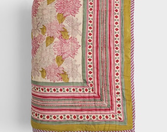Pink Mustard Floral Block Print Quilt Set, Sage Green Border Cotton Bedspread, Reversible Handmade Indian Quilt, Boho Botanical Bedding