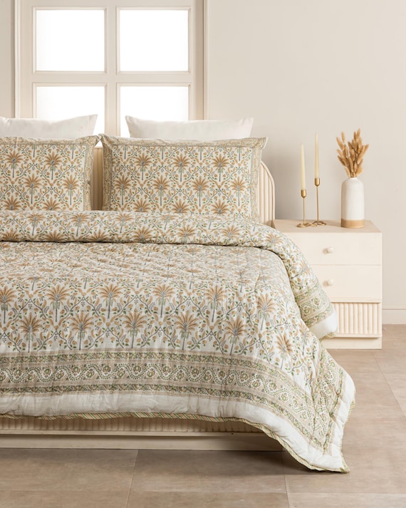 Light Golden Modern Vintage Style Block Print Handmade Indian Throw Bedding, Cotton Block Print Quilt, Boho Kantha Blanket, Reversible Quilt