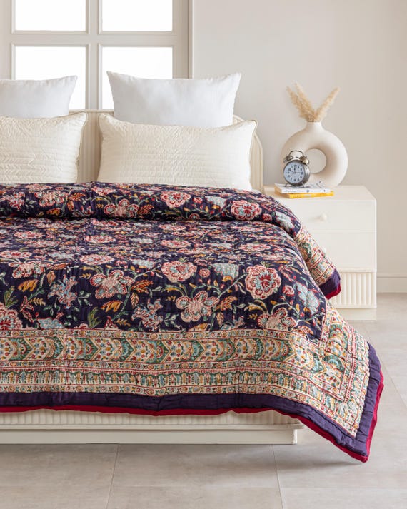 Matte Purple Printed Cotton Quilt, Reversible Block Printed Razai, Soft Printed Quilt, Handmade Bedspread, Comforter Twin Queen King Quilt