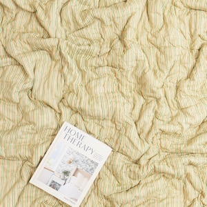 May include: A cream-colored, striped quilt with vertical green stripes. A book titled "HOME THERAPY" is lying on top of the quilt. The book cover features a bedroom scene.