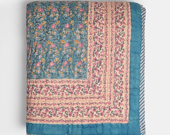 Teal Blue Floral Block Printed Handmade Indian Quilt, Cotton Quilted Bedspread, Lightweight Boho Bedding, King Queen Vintage Floral Quilt