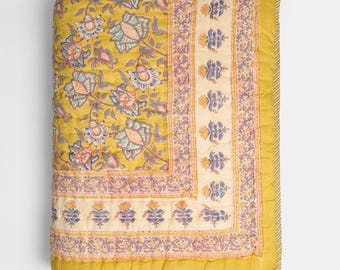 Marigold Yellow Hand Block Print Cotton Quilt, Floral Indian Bedding, Reversible Floral Bedspread, Boho Wedding Gift, Bohemian Bedroom Decor