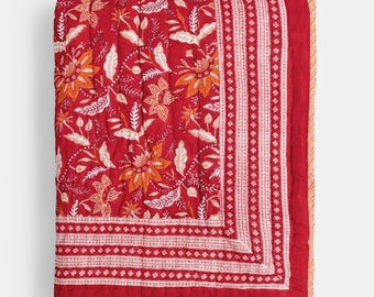Red X-mas Decorative Hand Block Print Cotton Quilt, Floral Indian Bedspread, Reversible Kantha Quilt, Boho Vintage Bedding, Queen King Quilt