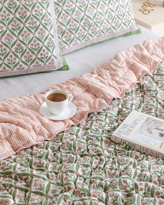 Fern Green & Pink Floral Handmade Block Printed Reversible Cotton Quilted Bedspread, Jaipuri Razai, Soft Cozy Lightweight Bedcover Quilt