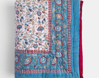Bright Blue & White Reversible Hand Block Printed Cotton Quilt, Soft All Season Quilt, King Comforter, Handmade Queen Bedspread Bed Cover