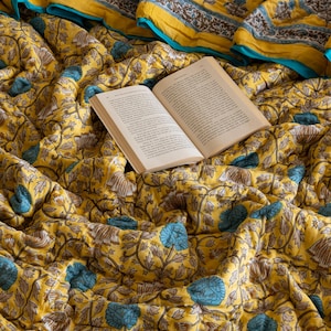Edredón reversible de algodón amarillo canario, cubrecama suave para todas las estaciones, edredón bohemio, edredón tamaño king, edredón extragrande estampado a mano