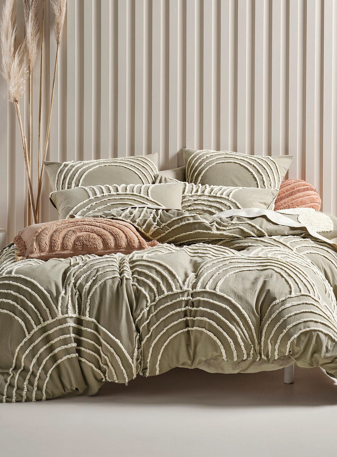 5 Pcs Forest Green Tufted Duvet Cover Comforter Cover Set Queen/ King