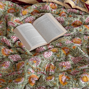 Olive Green, Burnt Orange Handmade Cotton Quilt, Block Printed Jaipuri Razai, Twin Queen King Comforter Set, Reversible Floral Quilt Bedding