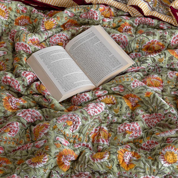 Olive Green, Burnt Orange Handmade Cotton Quilt, Block Printed Jaipuri Razai, Twin Queen King Comforter Set, Reversible Floral Quilt Bedding