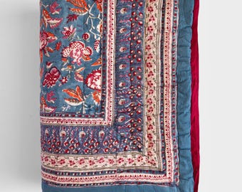 Stone Blue Cotton Quilt, Indian Hand Block Printed Quilt Bedspread, Floral Printed Queen Comforter, Soft Summer Blanket, All Season Quilt