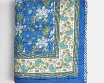 Indigo Blue Floral Hand Block Print Cotton Bedspread, Handmade Quilted Indian Quilt, Lightweight Summer Boho Bedding, Reversible Quilt Razai