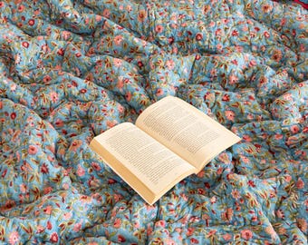 Capri Blue Reversible Hand Block Printed Cotton Quilt, Soft All Season Quilt, King Comforter, Indian Handmade Queen Bedspread Bed Cover