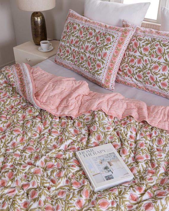 Soft Peach Pomegranate Floral Block Print Quilt, Cotton Christmas Quilt, Reversible Lightweight Comforter, Handmade Bedding, Jaipuri Razai