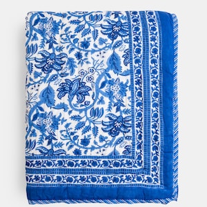 Pottery Blue Hand Block Printed Quilt Printed Reversible Cozy Soft Quilt, Jaipuri Razai, Handmade Cotton Floral Quilt, Bedspread Comforter
